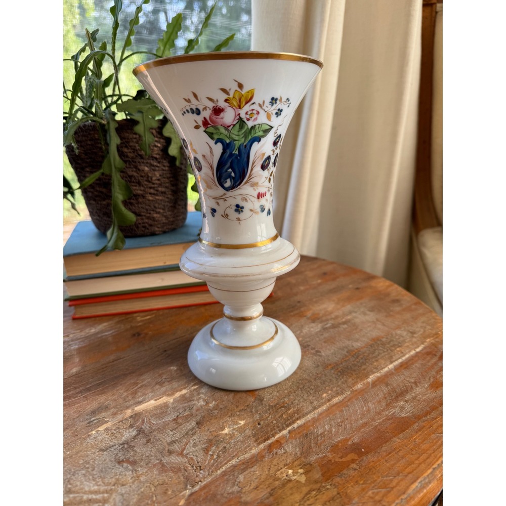 Antique 19thC Bohemian French Opaline Milk Glass Footed Vase Hand Painted Floral